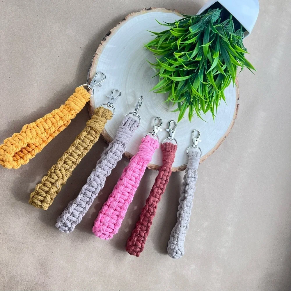 Boho Handcrafted Macrame Wristlet Latte color Keychain